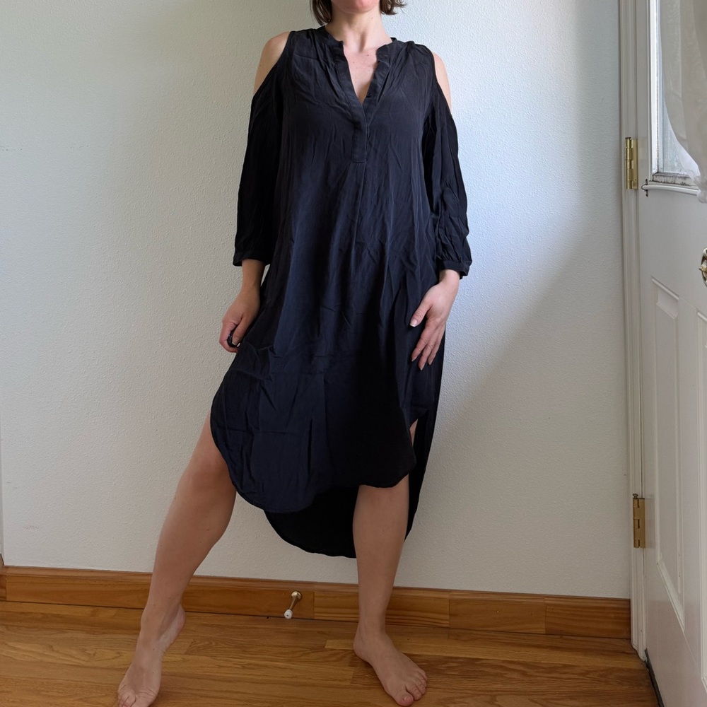 Acrobat 100% Pure Silk Black Cold Shoulder Long Sleeve MIDI High-Low Dress